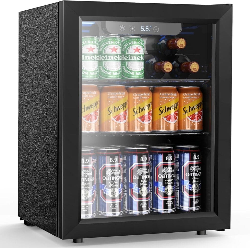 Joy Pebble Beverage Refrigerator Cooler,95 Can Mini Fridge with Glass Door for Beer Soda Wine, Small Drink Fridge with Adjustable Thermostat, Beverage Fridge for Bar Home Office,2.6Cu.Ft
