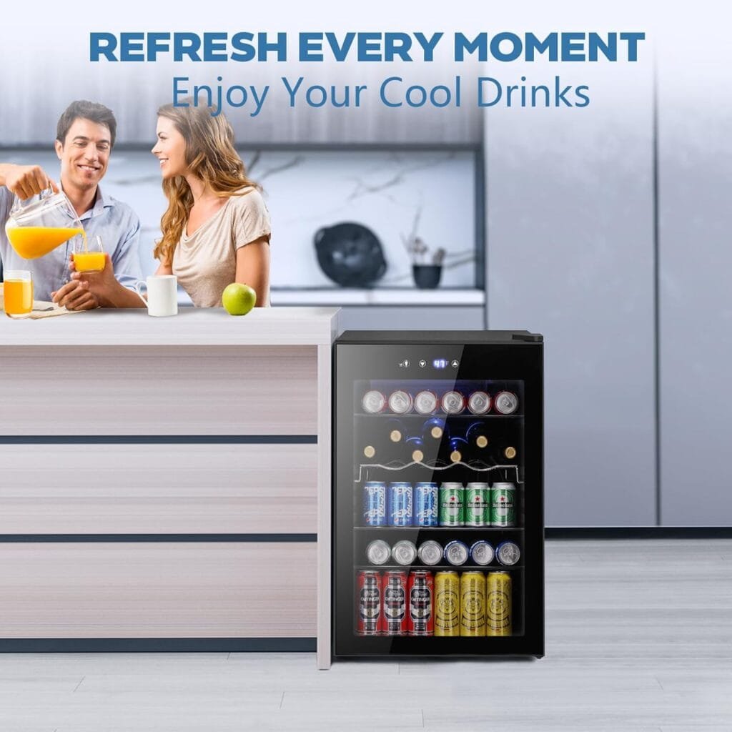 Joy Pebble Beverage Refrigerator Cooler,95 Can Mini Fridge with Glass Door for Beer Soda Wine, Small Drink Fridge with Adjustable Thermostat, Beverage Fridge for Bar Home Office,2.6Cu.Ft