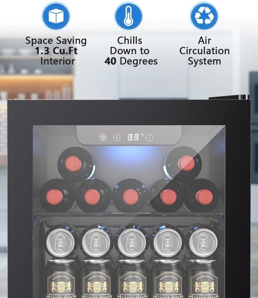 Joy Pebble Beverage Refrigerator Cooler,95 Can Mini Fridge with Glass Door for Beer Soda Wine, Small Drink Fridge with Adjustable Thermostat, Beverage Fridge for Bar Home Office,2.6Cu.Ft