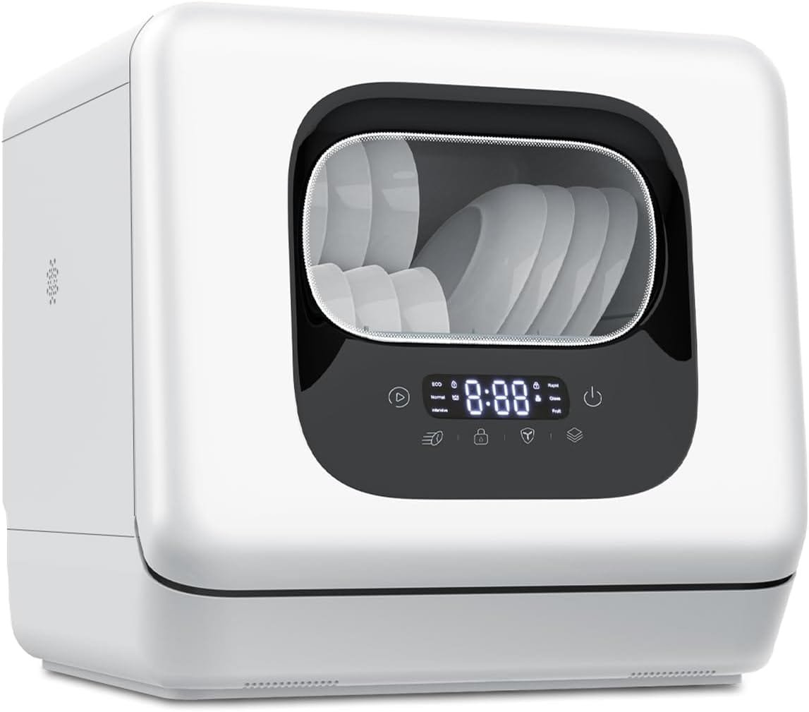 Joy Pebble Countertop Dishwasher, 28 Pieces Dishes/Cycle, 6 Washing ProgramsHot Drying, Dish Washer with 360°Dual Spray, with Child LockDelayed Start, Portable Dishwasher for Apartment/RV/Dorm