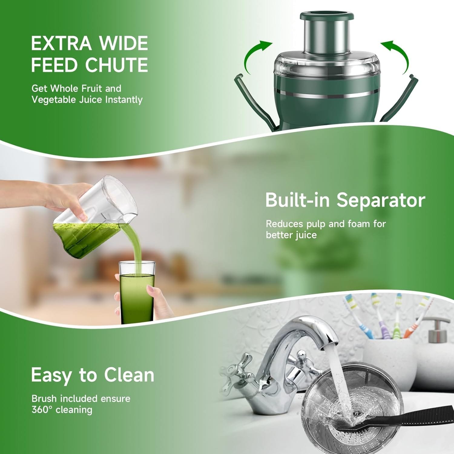 Juicer Machine Green, 500W Centrifugal Juicer Extractor with 3 Speed Wide Mouth 3” Feed Chute for Fruit Vegetable, High Yield Juicer Included Cleaning Brush for Easy to Clean Juicer Machine Green, 500W Centrifugal Juicer Extractor with 3 Speed Wide Mouth 3” Feed Chute for Fruit Vegetable, High Yield Juicer Included Cleaning Brush for Easy to Clean