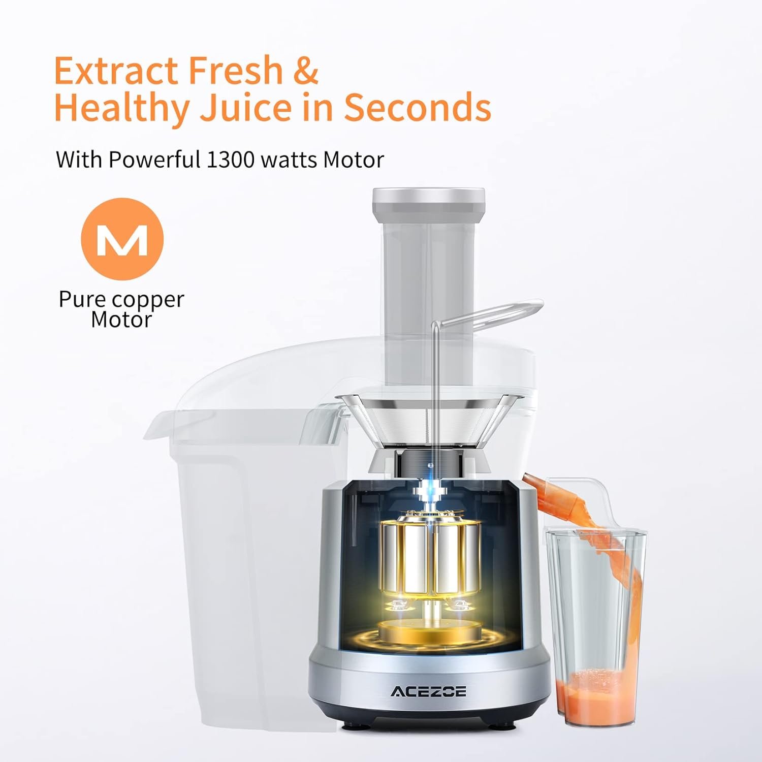 Juicer Vegetable and Fruit, High-Power Juicers Extractor with 3 Feed Chute, 1300W, Centrifugal Juicer with High Juice Yield, Easy to Assemble and CleanBPA-Free, Dishwasher Safe, Brush Included