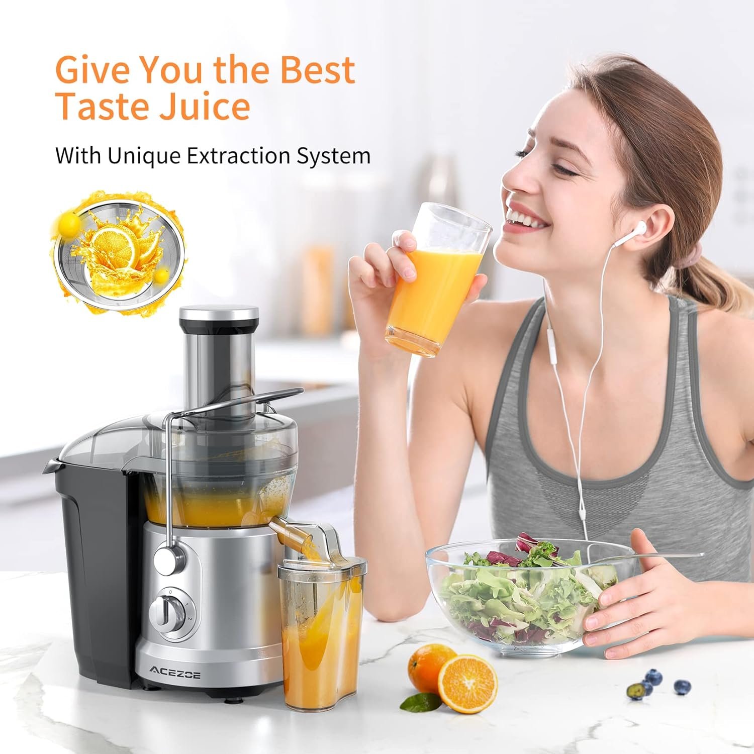 Juicer Vegetable and Fruit, High-Power Juicers Extractor with 3 Feed Chute, 1300W, Centrifugal Juicer with High Juice Yield, Easy to Assemble and CleanBPA-Free, Dishwasher Safe, Brush Included