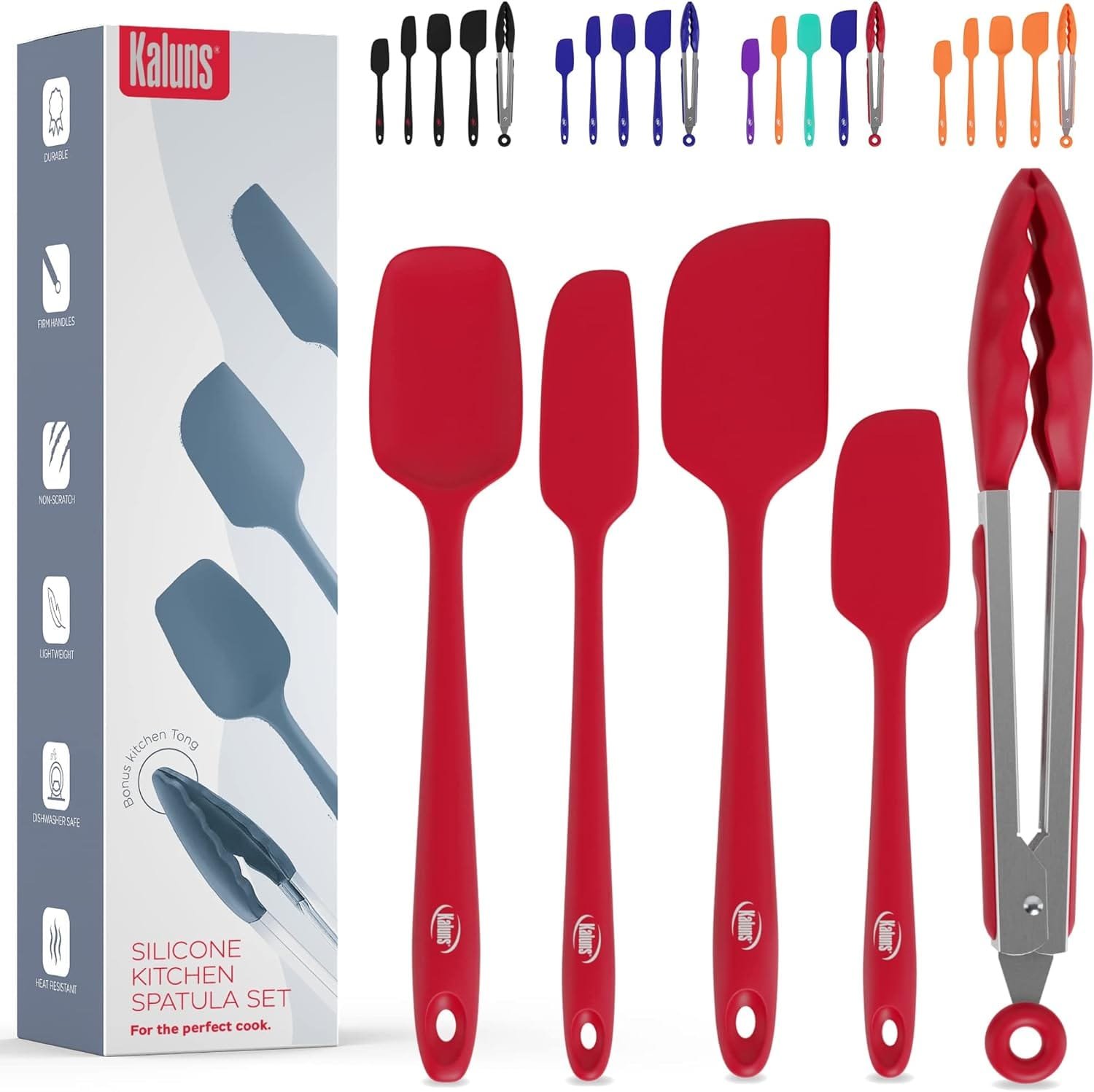 Kaluns Silicone Spatula Set 5 Pcs Rubber Spatulas Silicone Heat Resistant 600°F, Spatulas for Nonstick Cookware, Seamless Design with Stainless Steel Core, Dishwasher Safe, Bonus Tongs Included