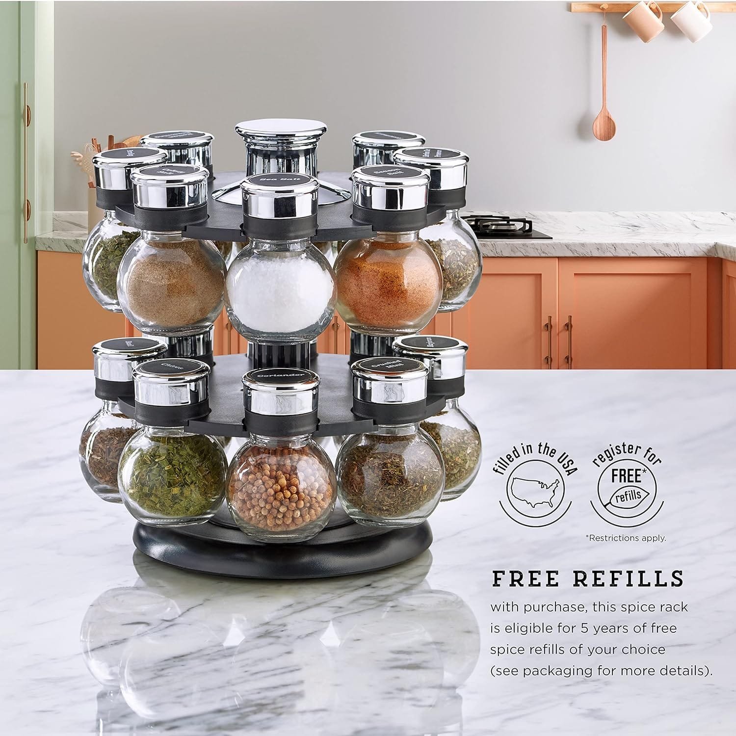 Kamenstein 16 Jar Ellington Revolving Countertop Spice Rack with Lift  Pour Caps and Spices Included, FREE Spice Refills for 5 Years: Black and Chrome Kamenstein 16 Jar Ellington Revolving Countertop Spice Rack with Lift  Pour Caps and Spices Included, FREE Spice Refills for 5 Years: Black and Chrome