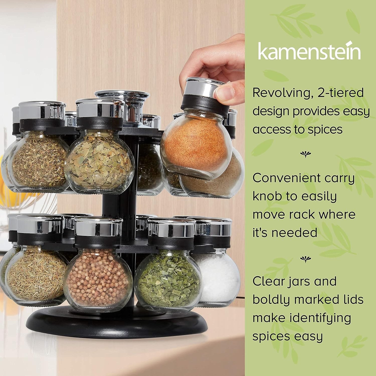 Kamenstein 16 Jar Ellington Revolving Countertop Spice Rack with Lift  Pour Caps and Spices Included, FREE Spice Refills for 5 Years: Black and Chrome Kamenstein 16 Jar Ellington Revolving Countertop Spice Rack with Lift  Pour Caps and Spices Included, FREE Spice Refills for 5 Years: Black and Chrome