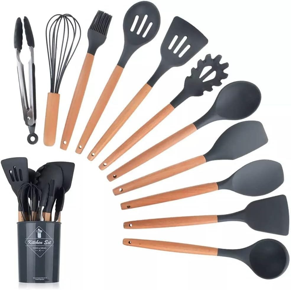 Karangred 12Pcs Silicone Cooking Kitchen Utensils Set with Holder,Wooden Handles Cooking Tool,BPA Free,Non Toxic Turner Tongs Spatula Spoon Kitchen Gadgets Set for Nonstick Cookware (Black) Karangred 12Pcs Silicone Cooking Kitchen Utensils Set with Holder,Wooden Handles Cooking Tool,BPA Free,Non Toxic Turner Tongs Spatula Spoon Kitchen Gadgets Set for Nonstick Cookware (Black)