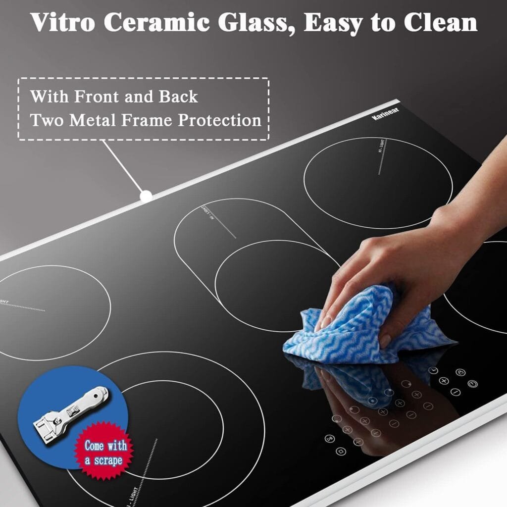 Karinear 30 Inch Electric Cooktop 4 Burners, Built-in Electric Stove top with Glass Protection Metal Frame, Expandable Burners, Multi-function Electric Ceramic Cooktop, 220-240v Hard Wire, No Plug