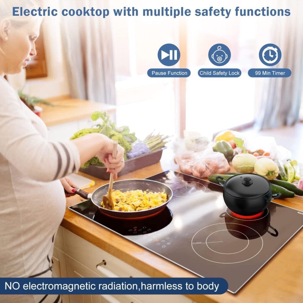 Karinear 30 Inch Electric Cooktop 4 Burners, Built-in Electric Stove top with Glass Protection Metal Frame, Expandable Burners, Multi-function Electric Ceramic Cooktop, 220-240v Hard Wire, No Plug