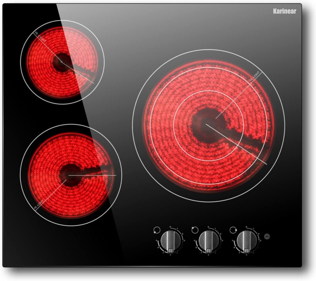 Karinear 4 Burner Electric Cooktop 24 Inch, Built-in Electric Stove Top, 220-240v Electric Radiant Cooktop with Knob Control, Residual Heat Indicator, Over-Temperature Protection, Hard Wire(No Plug)