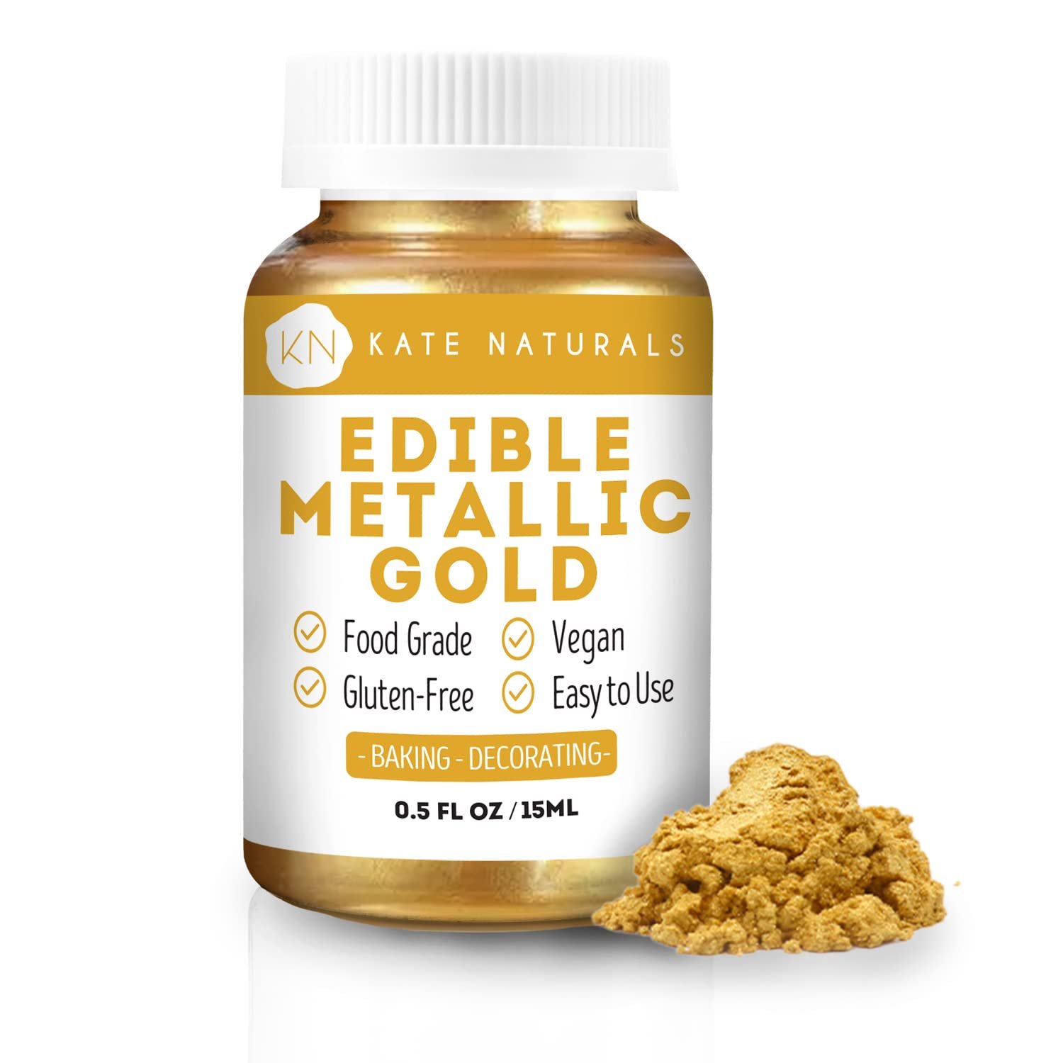 Kate Naturals Edible Metallic Gold Dust for Cake Decorating Edibles  Cookies. Vegan  Gluten-Free. Easy-to-Use Formula for Baking, Chocolate, Kids. (.5oz/14g) Kate Naturals Edible Metallic Gold Dust for Cake Decorating Edibles  Cookies. Vegan  Gluten-Free. Easy-to-Use Formula for Baking, Chocolate, Kids. (.5oz/14g)