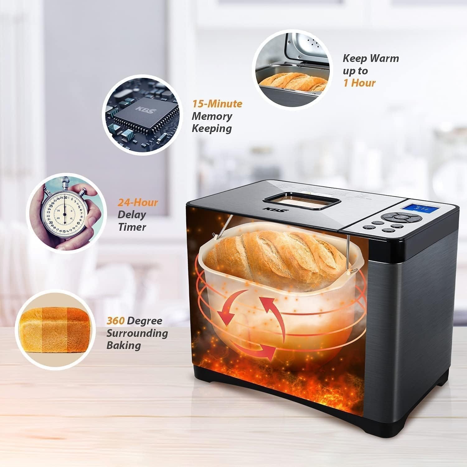 KBS 19-in-1 Bread Maker, 2LB Automatic Bread Machine Stainless Steel with Ceramic Pan, 15H Timer, 1H Keep Warm, Dough Maker,Yogurt,3 Loaf Sizes 3 Crust Colors, 650W Bread Maker Machine with Recipes