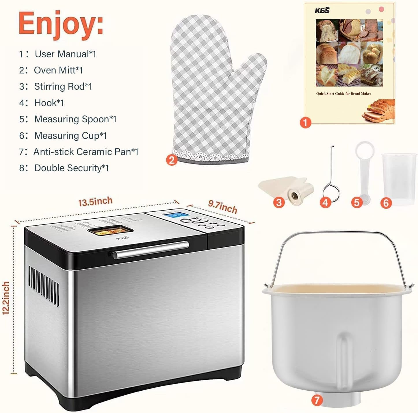 KBS 19-in-1 Bread Maker, 2LB Automatic Bread Machine Stainless Steel with Ceramic Pan, 15H Timer, 1H Keep Warm, Dough Maker,Yogurt,3 Loaf Sizes 3 Crust Colors, 650W Bread Maker Machine with Recipes