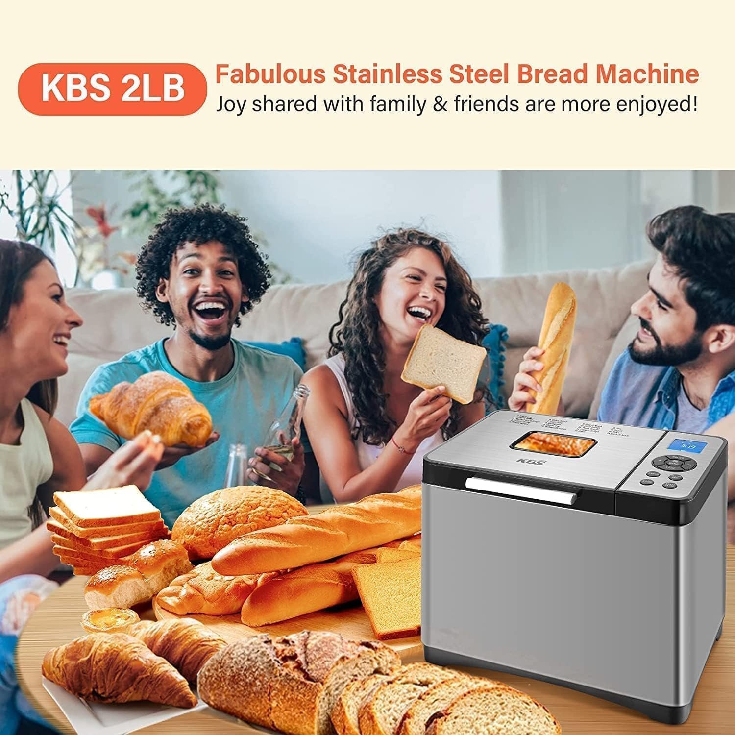 KBS 19-in-1 Bread Maker, 2LB Automatic Bread Machine Stainless Steel with Ceramic Pan, 15H Timer, 1H Keep Warm, Dough Maker,Yogurt,3 Loaf Sizes 3 Crust Colors, 650W Bread Maker Machine with Recipes