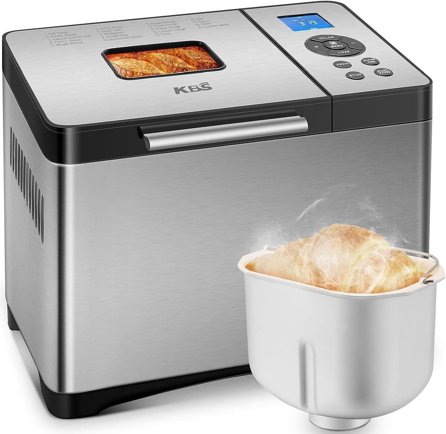 KBS 19-in-1 Bread Maker, 2LB Automatic Bread Machine Stainless Steel with Ceramic Pan, 15H Timer, 1H Keep Warm, Dough Maker,Yogurt,3 Loaf Sizes 3 Crust Colors, 650W Bread Maker Machine with Recipes