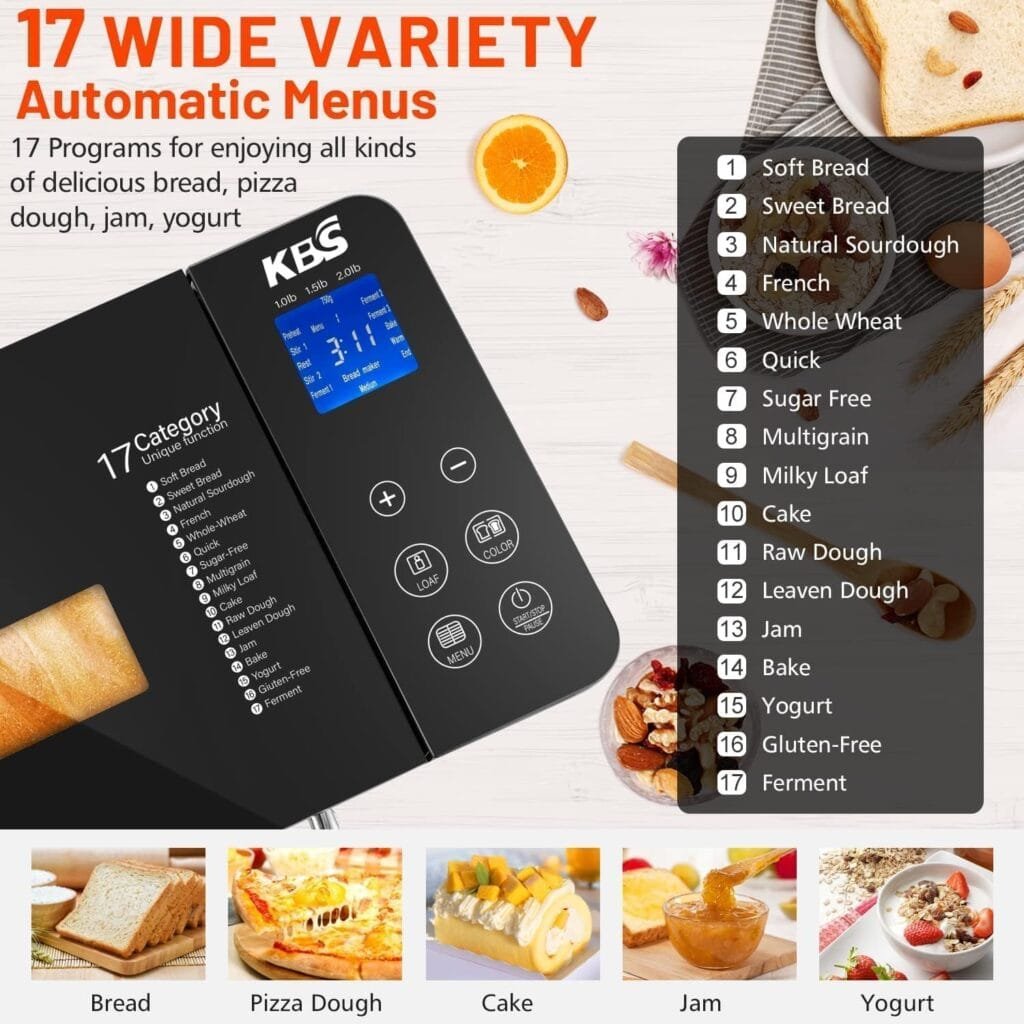 KBS Bread Maker-710W Dual Heaters, 17-in-1 Bread Machine Stainless Steel with Auto Nut DispenserCeramic Pan, Gluten-Free, Dough Maker,Jam,Yogurt PROG, Touch Panel, 3 Loaf Sizes 3 Crust Colors,Recipes… KBS Bread Maker-710W Dual Heaters, 17-in-1 Bread Machine Stainless Steel with Auto Nut DispenserCeramic Pan, Gluten-Free, Dough Maker,Jam,Yogurt PROG, Touch Panel, 3 Loaf Sizes 3 Crust Colors,Recipes…