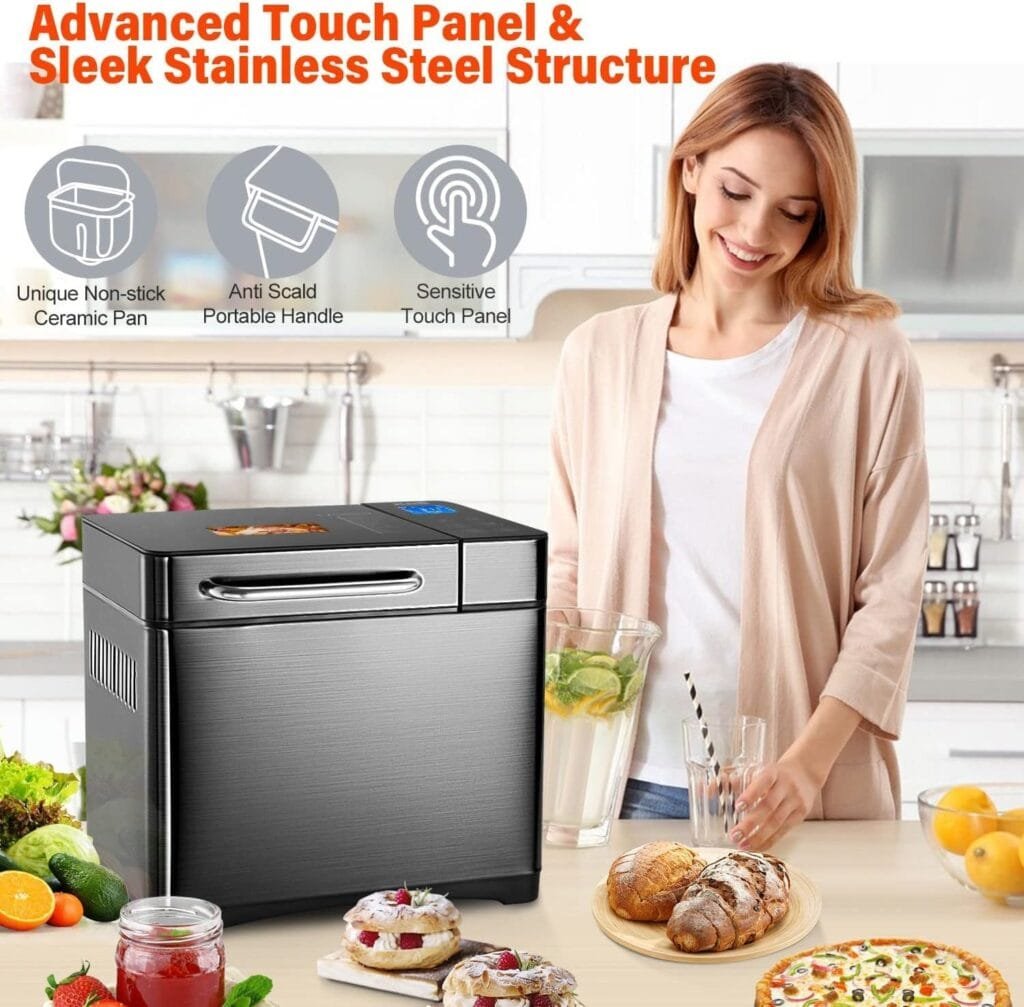 KBS Bread Maker-710W Dual Heaters, 17-in-1 Bread Machine Stainless Steel with Auto Nut DispenserCeramic Pan, Gluten-Free, Dough Maker,Jam,Yogurt PROG, Touch Panel, 3 Loaf Sizes 3 Crust Colors,Recipes… KBS Bread Maker-710W Dual Heaters, 17-in-1 Bread Machine Stainless Steel with Auto Nut DispenserCeramic Pan, Gluten-Free, Dough Maker,Jam,Yogurt PROG, Touch Panel, 3 Loaf Sizes 3 Crust Colors,Recipes…