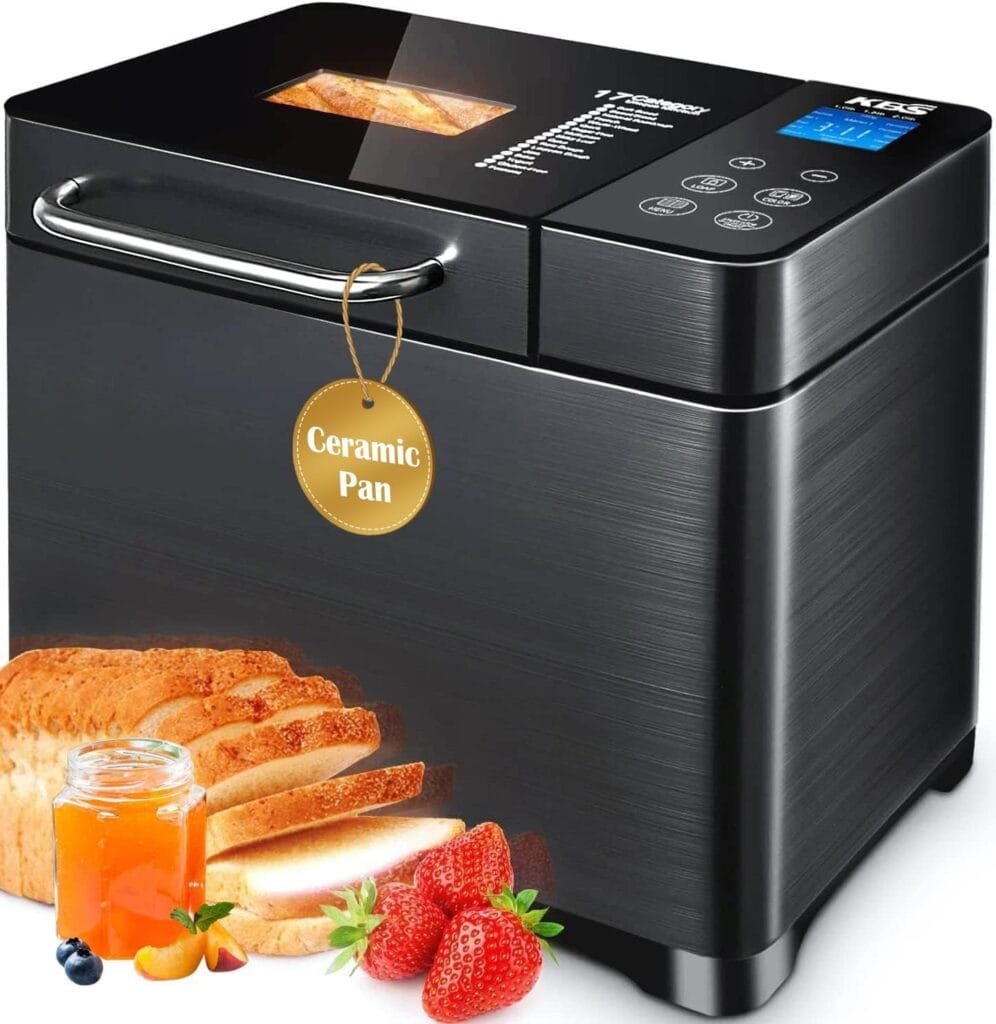 KBS Bread Maker-710W Dual Heaters, 17-in-1 Bread Machine Stainless Steel with Auto Nut DispenserCeramic Pan, Gluten-Free, Dough Maker,Jam,Yogurt PROG, Touch Panel, 3 Loaf Sizes 3 Crust Colors,Recipes… KBS Bread Maker-710W Dual Heaters, 17-in-1 Bread Machine Stainless Steel with Auto Nut DispenserCeramic Pan, Gluten-Free, Dough Maker,Jam,Yogurt PROG, Touch Panel, 3 Loaf Sizes 3 Crust Colors,Recipes…