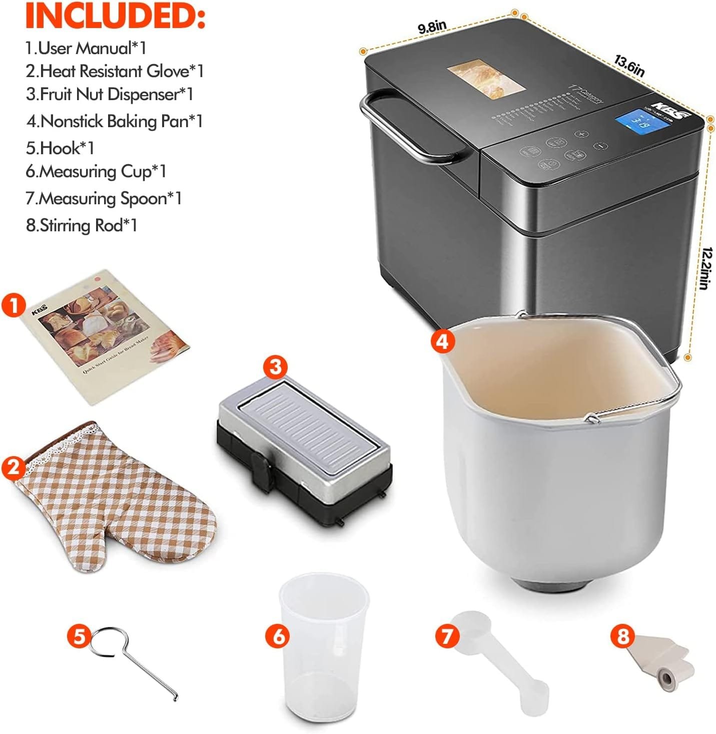 KBS Bread Maker,Bread Machine 17-in-1,Bread Maker Machine 710W Dual Heaters,2LB,Auto Nut DispenserCeramic Pan,Stainless Steel,Gluten-Free,Sourdough,Jam,Touch Panel,3 Loaf Sizes 3 Crust Colors,Recipes