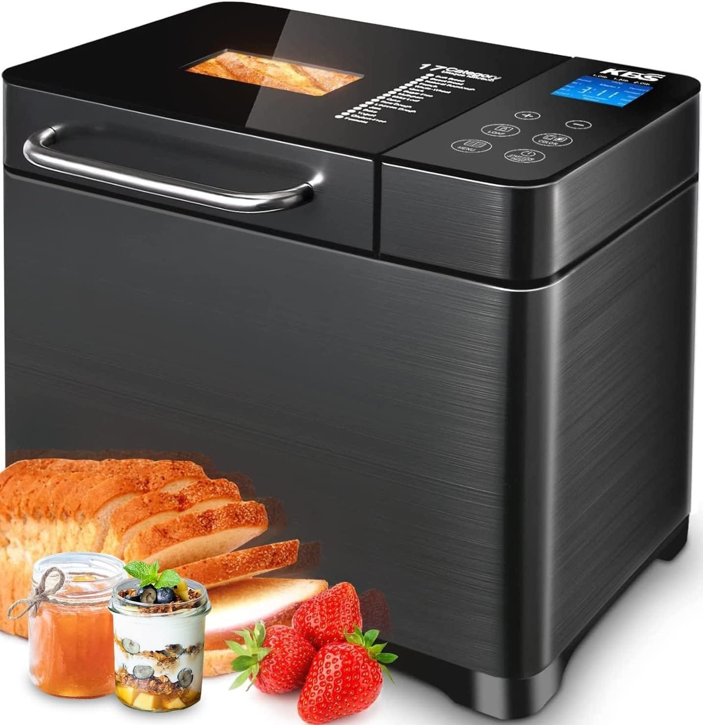 KBS Bread Maker,Bread Machine 17-in-1,Bread Maker Machine 710W Dual Heaters,2LB,Auto Nut DispenserCeramic Pan,Stainless Steel,Gluten-Free,Sourdough,Jam,Touch Panel,3 Loaf Sizes 3 Crust Colors,Recipes