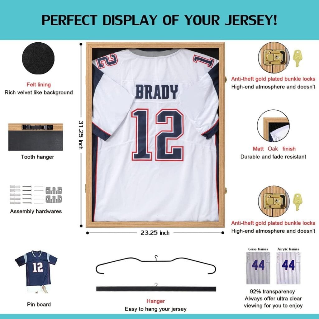 KCRasan Jersey Display Frame Case - Large Lockable Frames Shadow Box with UV Protection for Baseball Basketball Football Soccer Hockey Sport Shirt Matte Black Finish