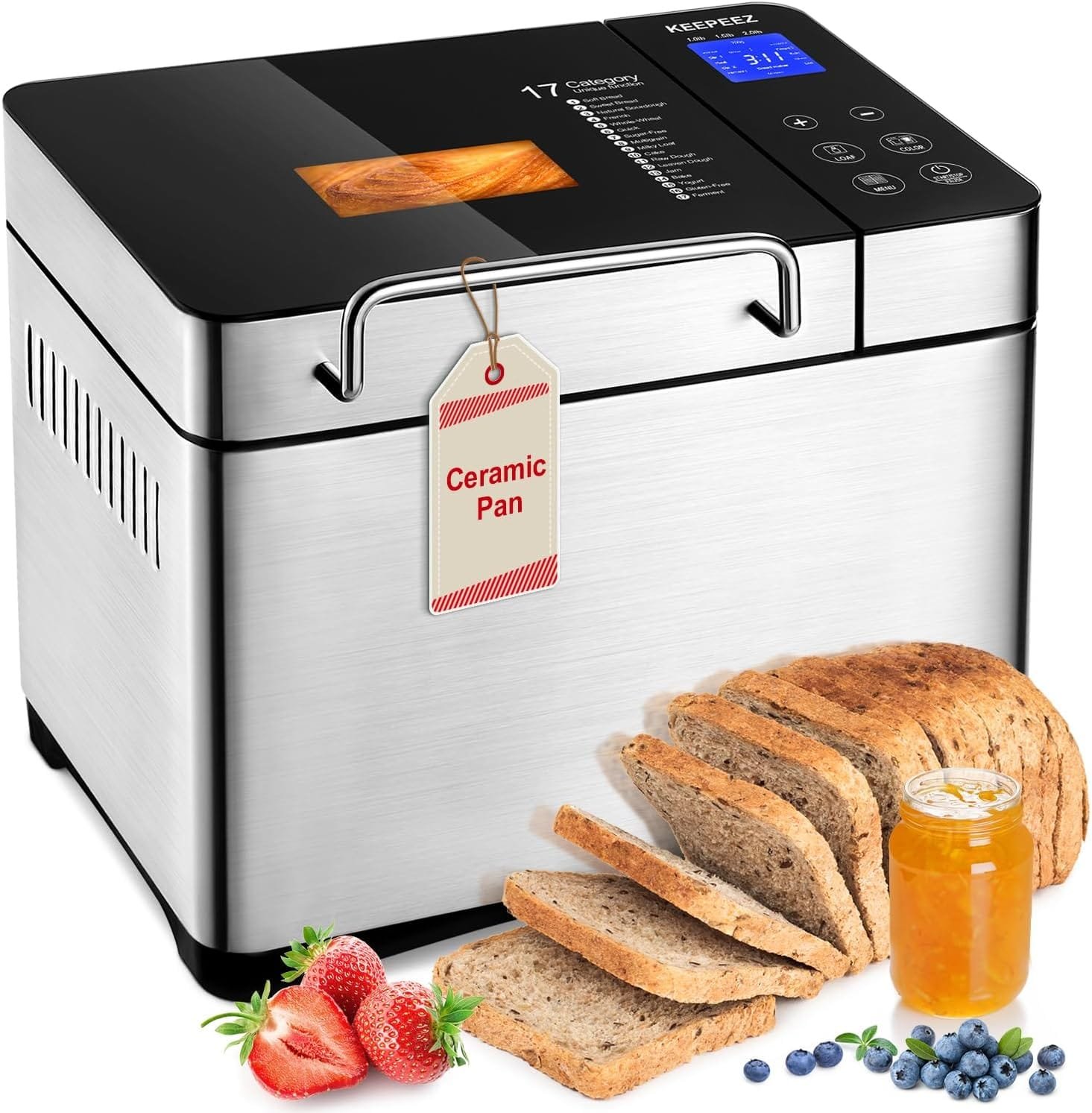 KEEPEEZ 2.2LB Large Bread Maker Machine-Dual Heaters, 17-in-1 Breadmaker with Gluten-Free, Pizza Dough, Jam, Auto Nut Dispenser,Ceramic PanTouch Panel, 3 Loaf Sizes 3 Crust Colors,15H Timer,Recipes KEEPEEZ 2.2LB Large Bread Maker Machine-Dual Heaters, 17-in-1 Breadmaker with Gluten-Free, Pizza Dough, Jam, Auto Nut Dispenser,Ceramic PanTouch Panel, 3 Loaf Sizes 3 Crust Colors,15H Timer,Recipes