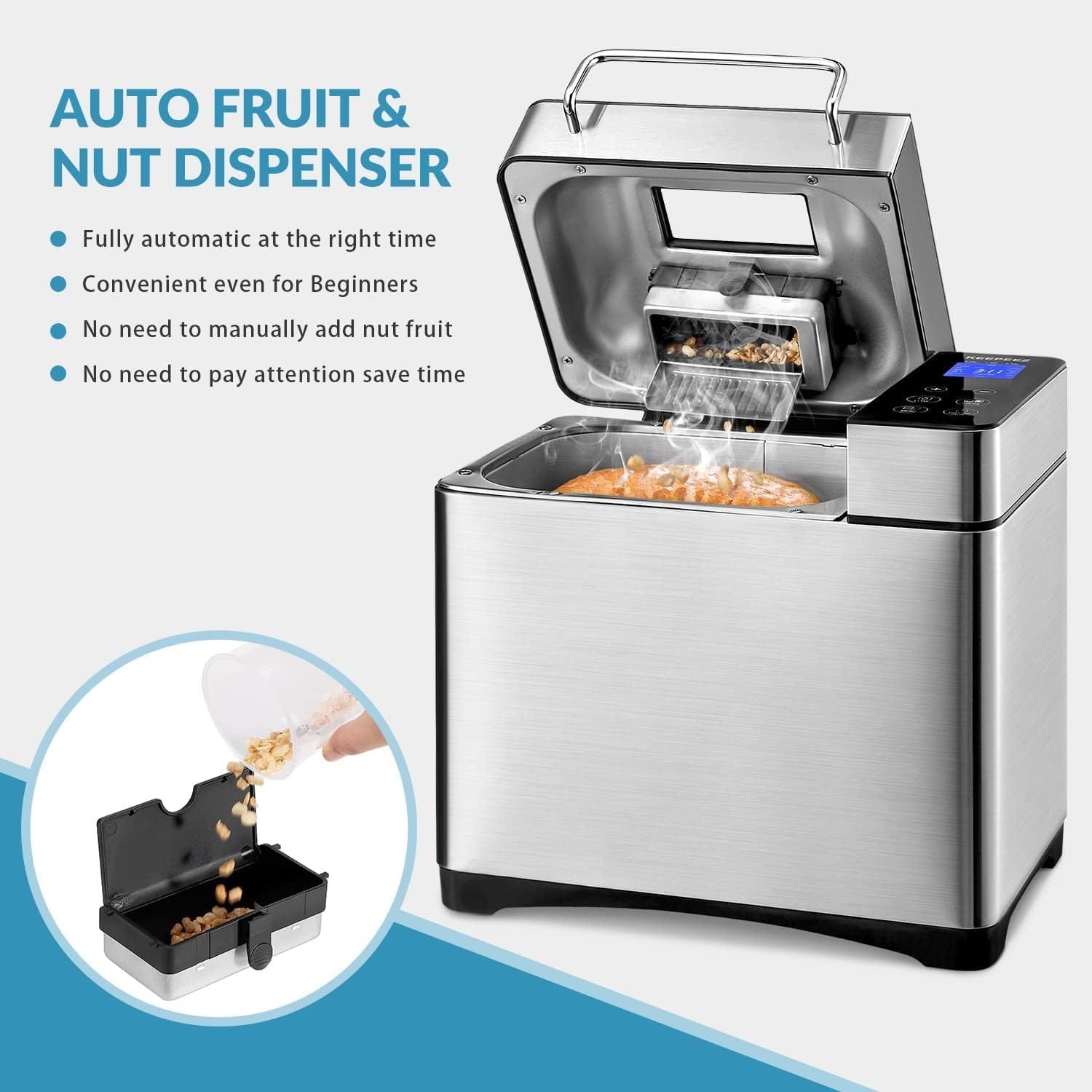 KEEPEEZ 2.2LB Large Bread Maker Machine-Dual Heaters, 17-in-1 Breadmaker with Gluten-Free, Pizza Dough, Jam, Auto Nut Dispenser,Ceramic PanTouch Panel, 3 Loaf Sizes 3 Crust Colors,15H Timer,Recipes KEEPEEZ 2.2LB Large Bread Maker Machine-Dual Heaters, 17-in-1 Breadmaker with Gluten-Free, Pizza Dough, Jam, Auto Nut Dispenser,Ceramic PanTouch Panel, 3 Loaf Sizes 3 Crust Colors,15H Timer,Recipes