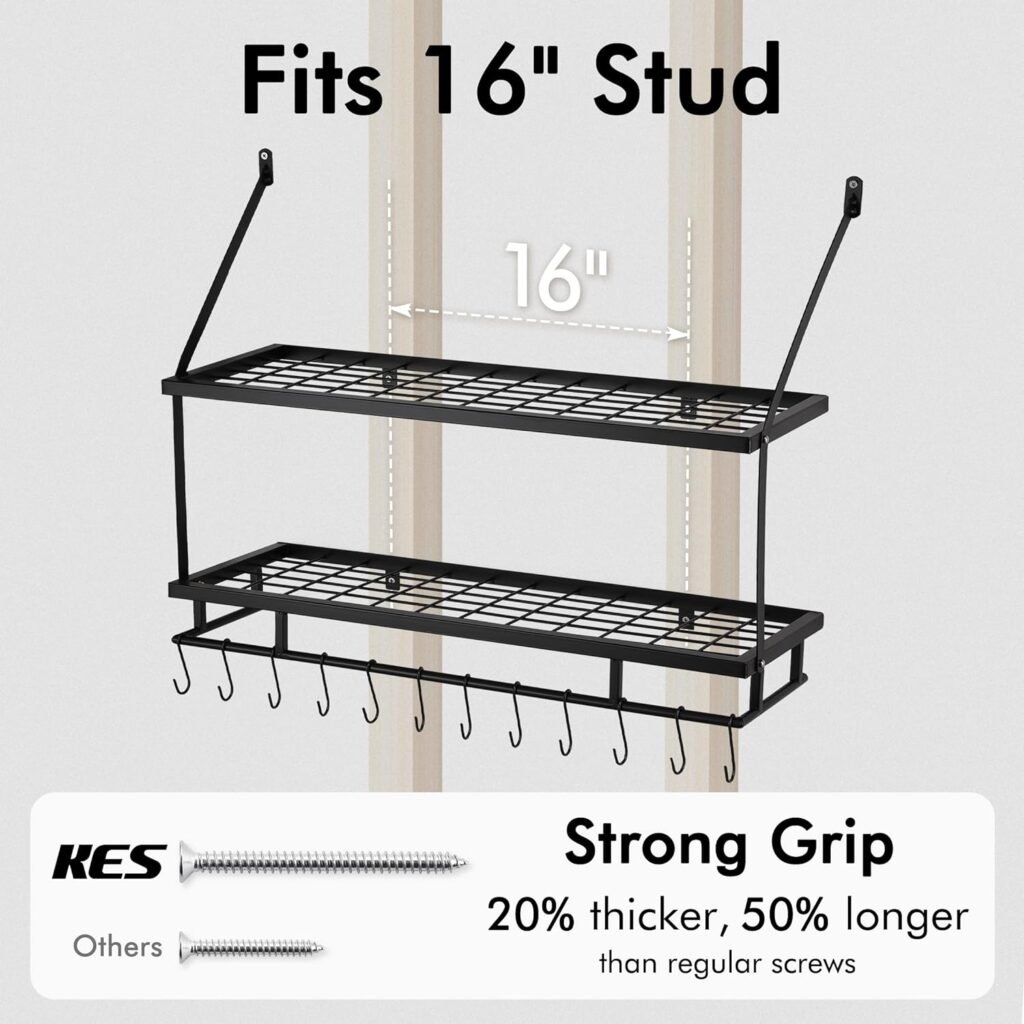 KES 30-Inch Kitchen Pot Rack - Mounted Hanging Rack for Kitchen Storage and Organization- Matte Black 2-Tier Wall Shelf for Pots and Pans with 12 Hooks - KUR215S75B-BK