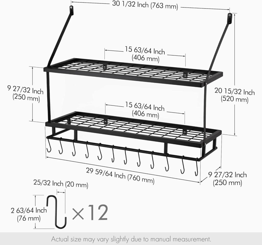 KES 30-Inch Kitchen Pot Rack - Mounted Hanging Rack for Kitchen Storage and Organization- Matte Black 2-Tier Wall Shelf for Pots and Pans with 12 Hooks - KUR215S75B-BK