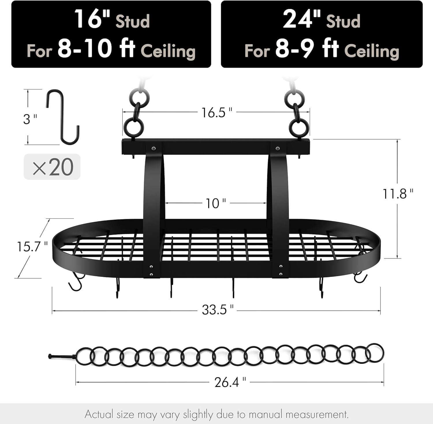 KES Ceiling Pot Rack 34-Inch Hanging Pot Rack for Kitchen Oval Pot and Pan Rack Matte Black Pot Hanger with 20 S Hooks (For 16 and 24 Stud Mount), KUR221S85-BK KES Ceiling Pot Rack 34-Inch Hanging Pot Rack for Kitchen Oval Pot and Pan Rack Matte Black Pot Hanger with 20 S Hooks (For 16 and 24 Stud Mount), KUR221S85-BK