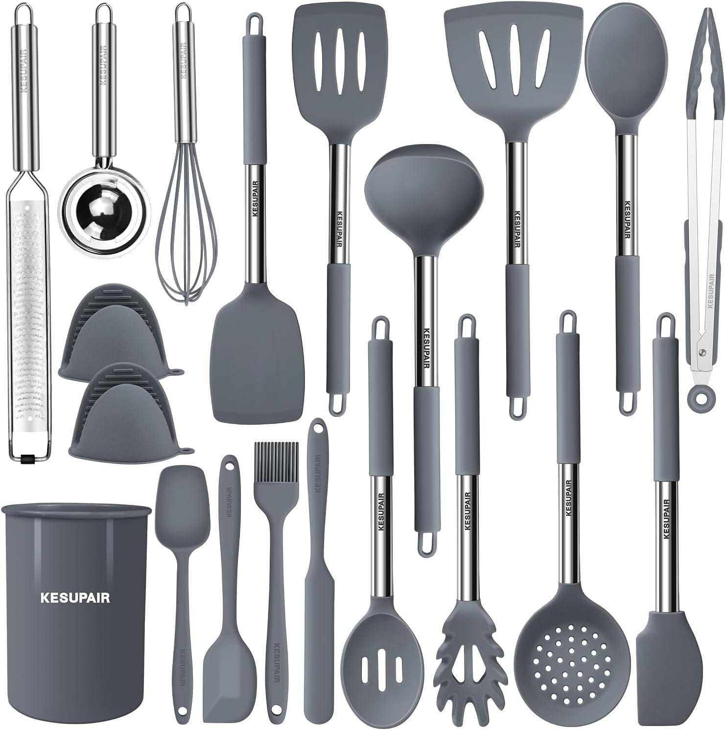 Kesupair Silicone Kitchen Utensils Set, 20 pcs Cooking Utensils Set-Cooking Utensil - Kitchen Gadgets and Tools with Holder-Stainless Steel Kitchen Utensil with Grater,Turner,Tongs(Drk Grey) Kesupair Silicone Kitchen Utensils Set, 20 pcs Cooking Utensils Set-Cooking Utensil - Kitchen Gadgets and Tools with Holder-Stainless Steel Kitchen Utensil with Grater,Turner,Tongs(Drk Grey)