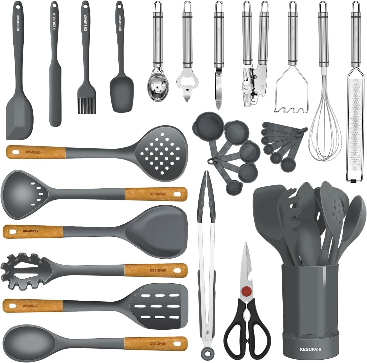Kesupair Silicone Kitchen Utensils Set - Heat Resistant Silicone Cooking Utensils for Cooking Wooden Handles, Spatula Set, Kitchen Utensil Tools and Gadgets Sets for Non-Stick Cookware (Dark Grey) Kesupair Silicone Kitchen Utensils Set - Heat Resistant Silicone Cooking Utensils for Cooking Wooden Handles, Spatula Set, Kitchen Utensil Tools and Gadgets Sets for Non-Stick Cookware (Dark Grey)