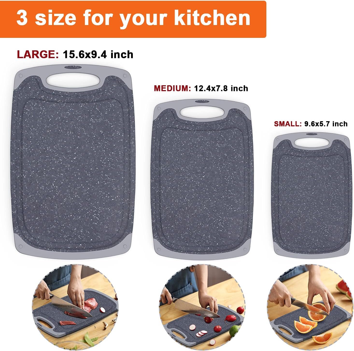 KIMIUP Kitchen Cutting Board (Set of 3),Professional Chopping Boards Sets,Dishwasher Safe Cutting Boards With Juice Grooves  Carrying Handle  No BPA