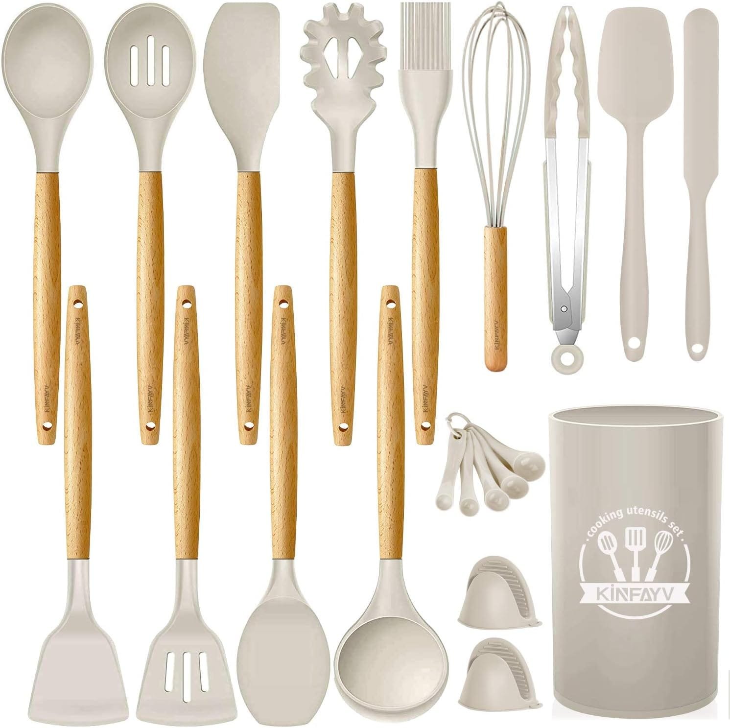 Kinfayv Silicone Cooking Utensils Kitchen Utensil Set, 21 PCS Wooden Handle Nontoxic BPA Free Silicone Spoon Spatula Turner Tongs Kitchen Gadgets Utensil Set for Nonstick Cookware with Holder (Khaki)