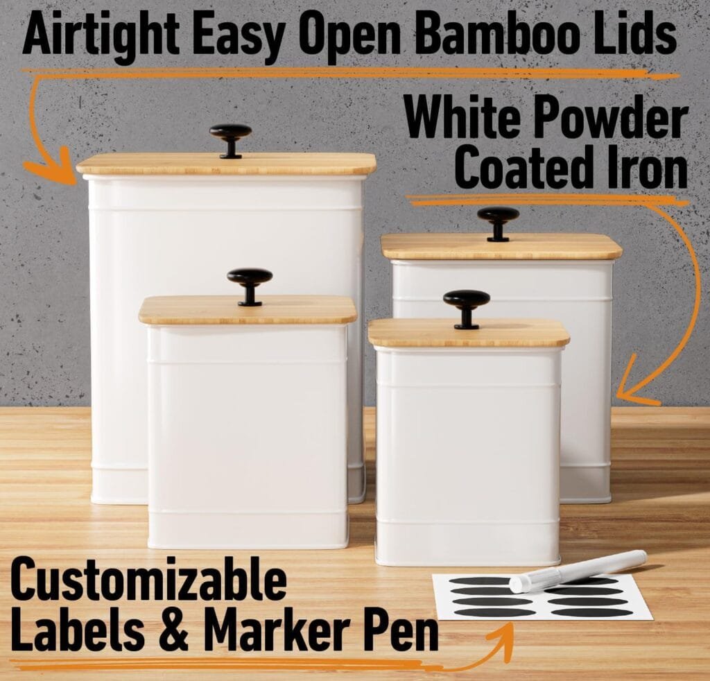 Kitchen Canisters for Countertop Set of 4 with Customizable Chalkboard Labels  Marker Pen - Big Iron Kitchen Canisters with Airtight Lids - Canisters Sets for the Kitchen - White Kitchen Canister Set
