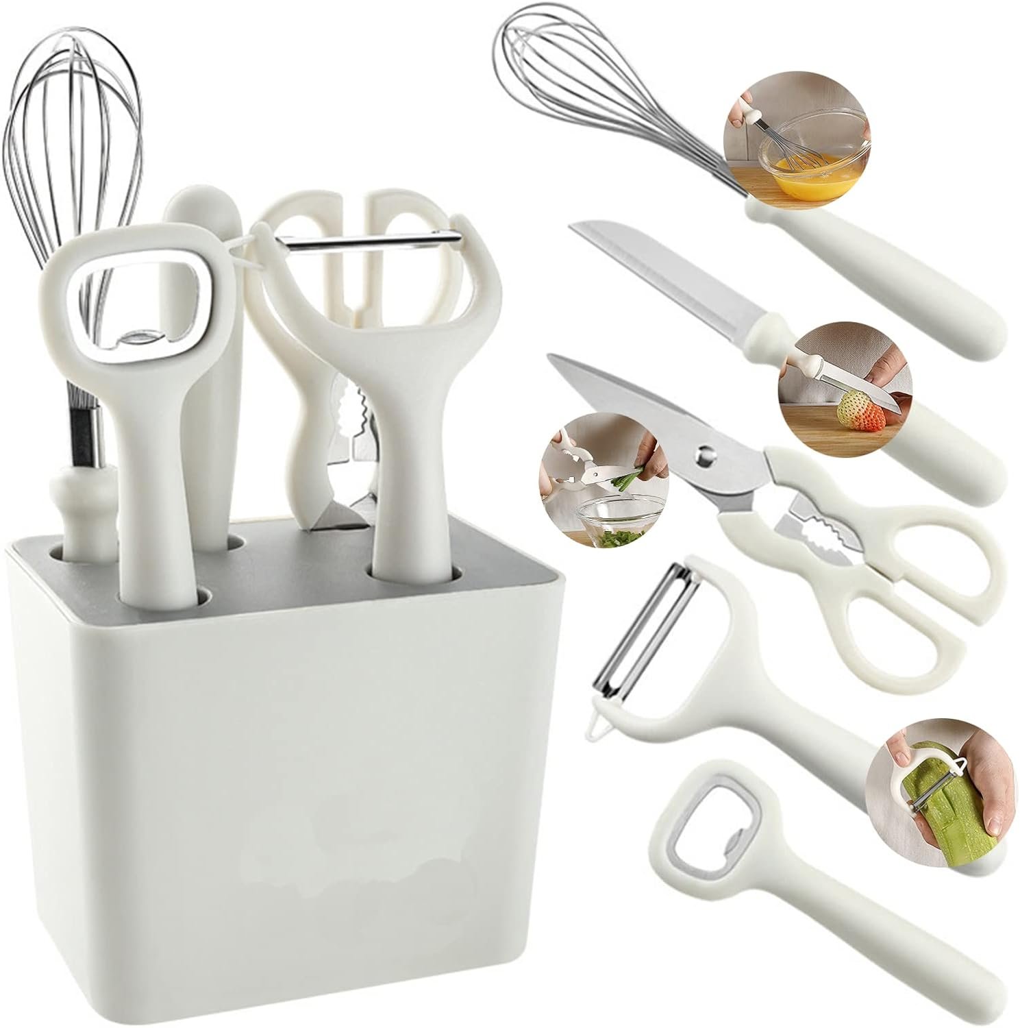 Kitchen Gadgets Set,Kitchen Scissors, Kitchen Utensils Set with Holder, Paring Knife,Whisk,Bottle Opener,Peeler- Home Kitchen Gadgets(White 6 Pieces set) Kitchen Gadgets Set,Kitchen Scissors, Kitchen Utensils Set with Holder, Paring Knife,Whisk,Bottle Opener,Peeler- Home Kitchen Gadgets(White 6 Pieces set)