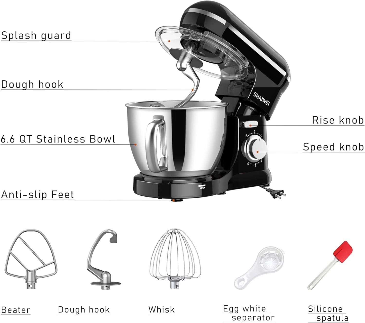 Kitchen Stand Mixer, 6.5-QT 660W Electric Food Mixer, 6 Speeds Kitchen Mixer with Dough Hook, Egg Whisk, Flat Beater, Upgrade Version (Red)