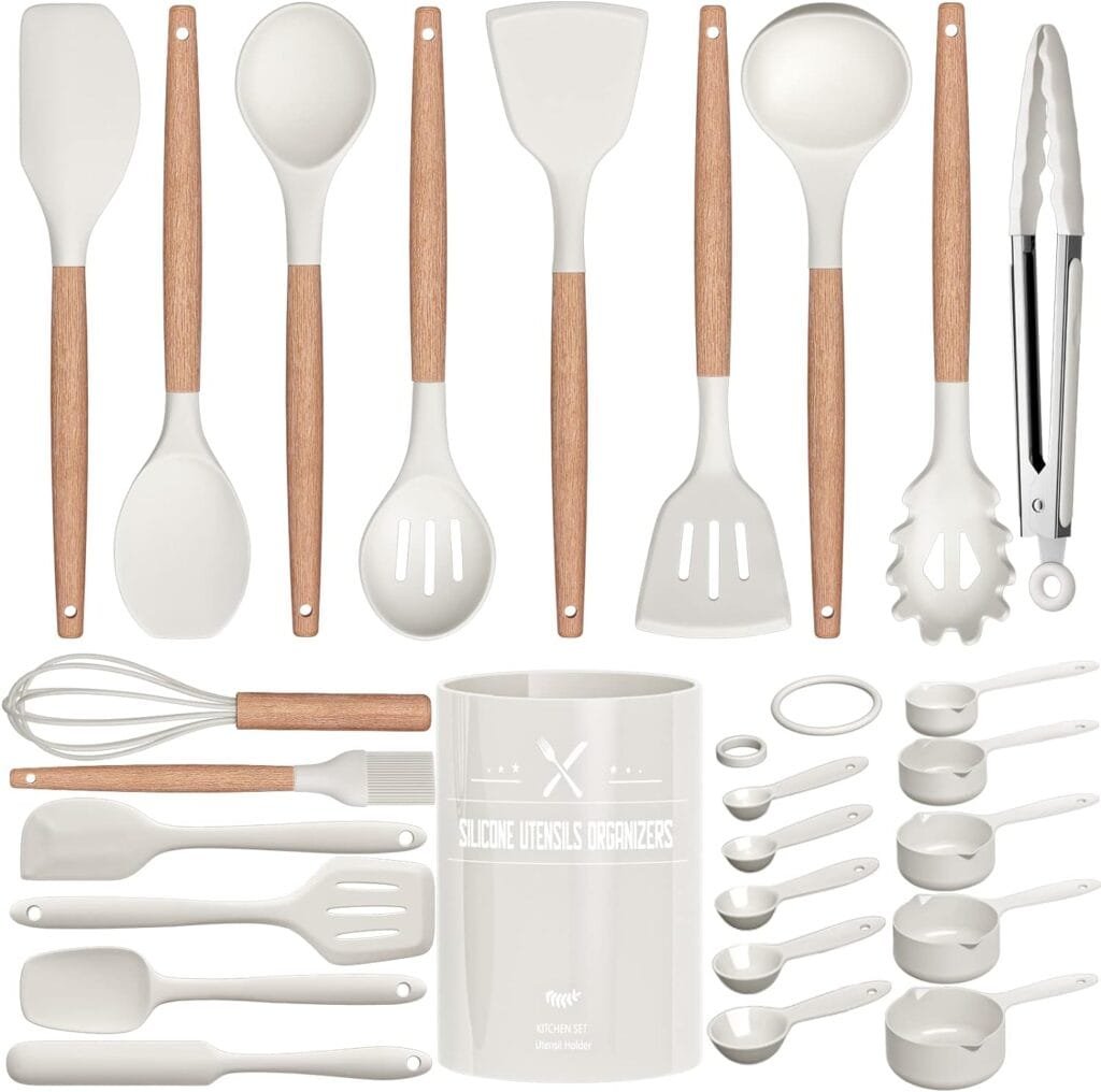 Kitchen Utensils Set, 26 Pcs Non-Stick Silicone Cooking Utensils Spatula Set with Holder, Sturdy Wooden Handle, Heat Resistance Silicone Kitchen Gadgets Utensils Set, White Kitchen Utensils Set, 26 Pcs Non-Stick Silicone Cooking Utensils Spatula Set with Holder, Sturdy Wooden Handle, Heat Resistance Silicone Kitchen Gadgets Utensils Set, White