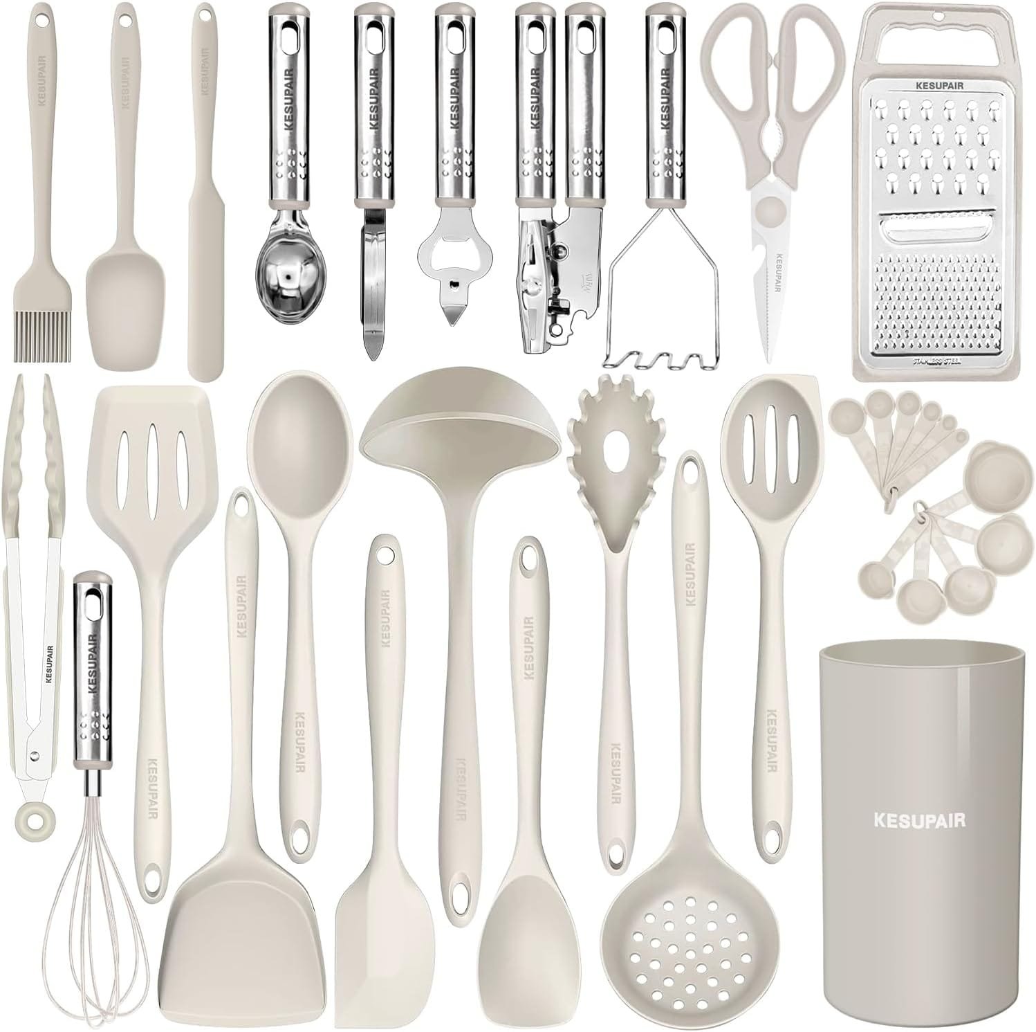 Kitchen Utensils Set - 446°F Heat Resistant Silicone Cooking Utensils Set-Kitchen Tools and Gadgets for Cooking Nonstick Cookware with Tongs,Turner,Spatula,Spoon,Brush,Peeler,Grater,Scissors (Khaki) Kitchen Utensils Set - 446°F Heat Resistant Silicone Cooking Utensils Set-Kitchen Tools and Gadgets for Cooking Nonstick Cookware with Tongs,Turner,Spatula,Spoon,Brush,Peeler,Grater,Scissors (Khaki)
