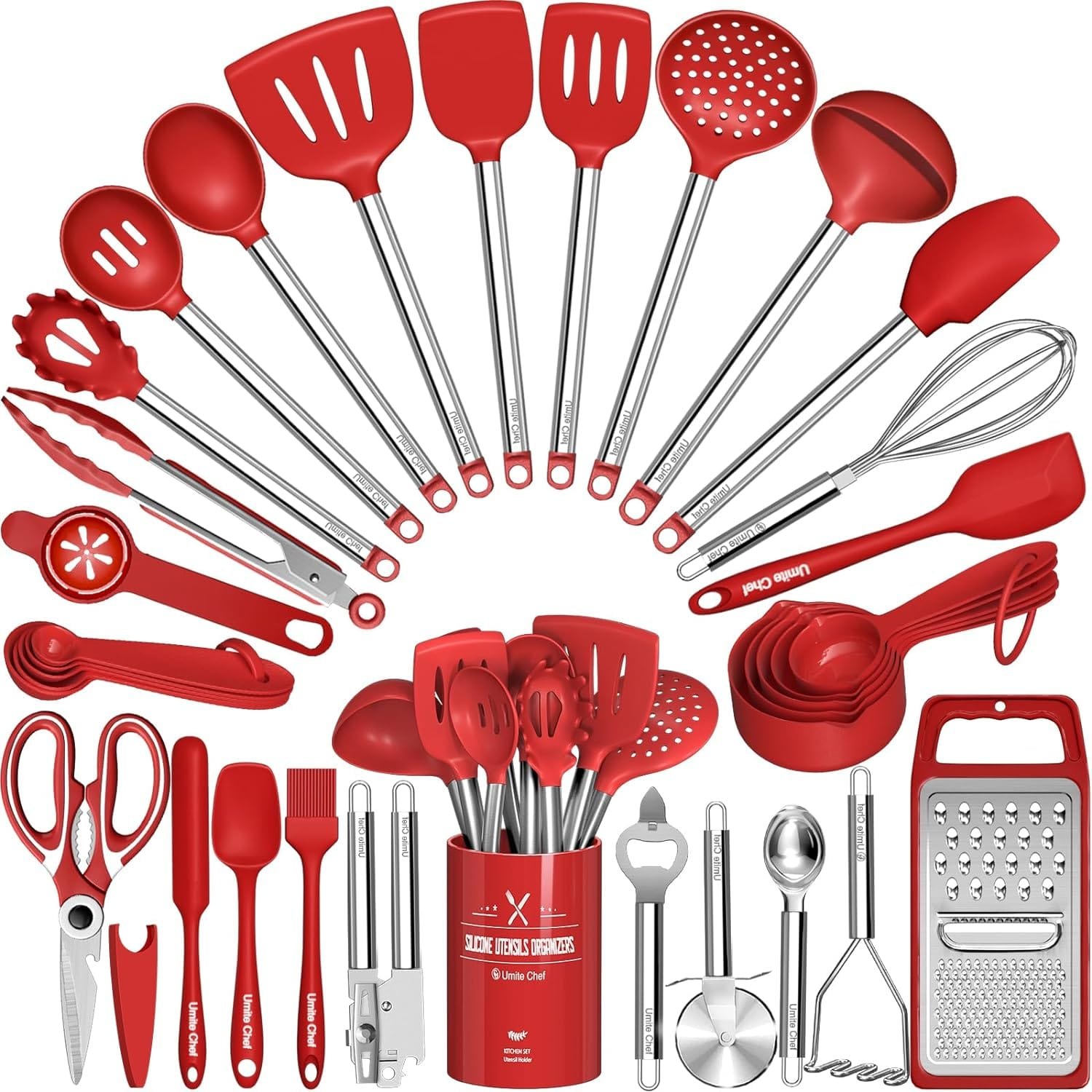 Kitchen Utensils Set- Umite Chef 34 PCs Cooking Utensils with Grater, Spoon Spatula, Heat Resistant Food Grade Silicone, Stainless Steel Handles Kitchen Gadgets Tools Set for Nonstick Cookware(Red) Kitchen Utensils Set- Umite Chef 34 PCs Cooking Utensils with Grater, Spoon Spatula, Heat Resistant Food Grade Silicone, Stainless Steel Handles Kitchen Gadgets Tools Set for Nonstick Cookware(Red)