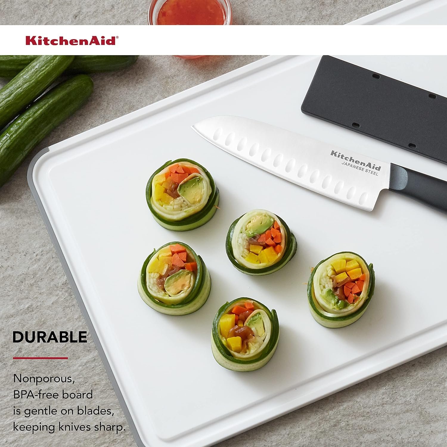 KitchenAid Classic Plastic Cutting Board with Perimeter Trench and Non Slip Edges, Dishwasher Safe, 11 inch x 14 inch, White and Gray KitchenAid Classic Plastic Cutting Board with Perimeter Trench and Non Slip Edges, Dishwasher Safe, 11 inch x 14 inch, White and Gray