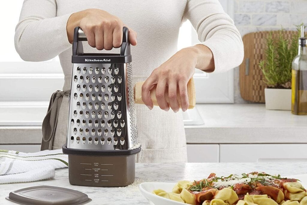 KitchenAid Gourmet 4-Sided Stainless Steel Box Grater for Fine, Medium and Coarse Grate, and Slicing, Detachable 3 Cup Storage Container and Measurment Markings, Dishwasher Safe, 10 inches tall, Black