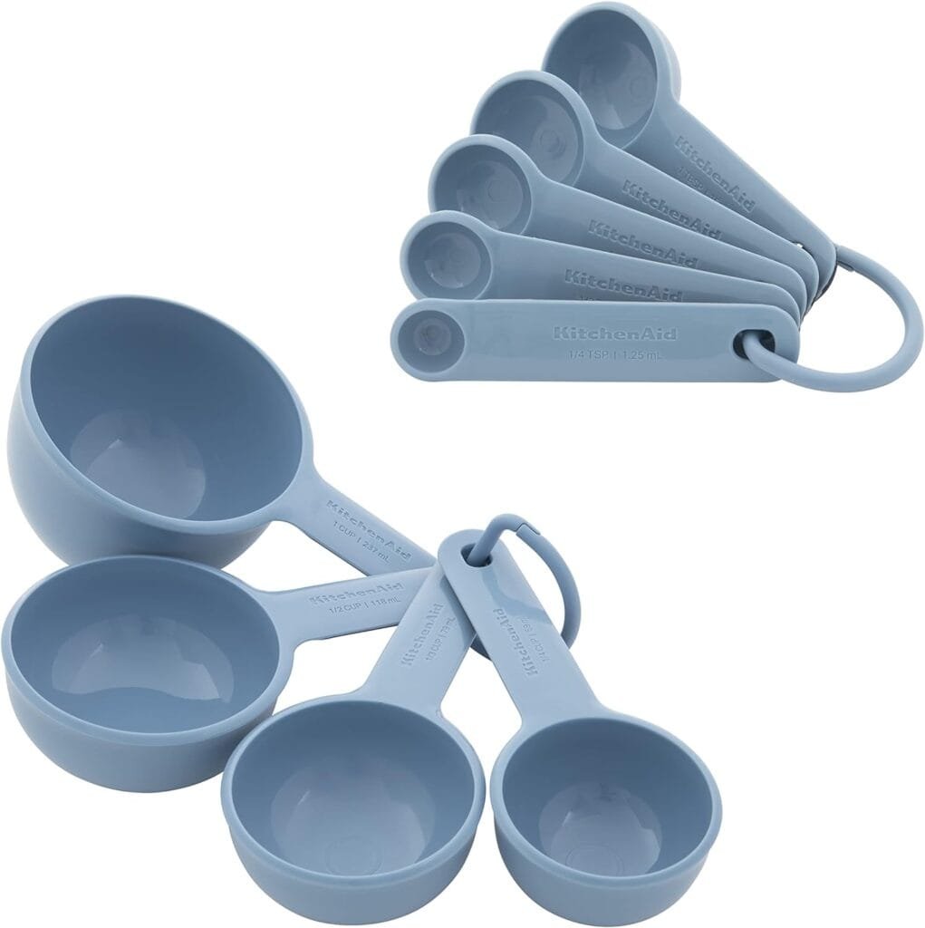 KitchenAid Universal Measuring Cup and Spoon Set, 1/4, 1/2, 1/3, and 1 cup size, and 1 tablespoon, 1/2 tablespoon, 1 teaspoon, 1/2 teaspoon, and 1/4 teaspoon size, 9 Piece, Blue Velvet KitchenAid Universal Measuring Cup and Spoon Set, 1/4, 1/2, 1/3, and 1 cup size, and 1 tablespoon, 1/2 tablespoon, 1 teaspoon, 1/2 teaspoon, and 1/4 teaspoon size, 9 Piece, Blue Velvet