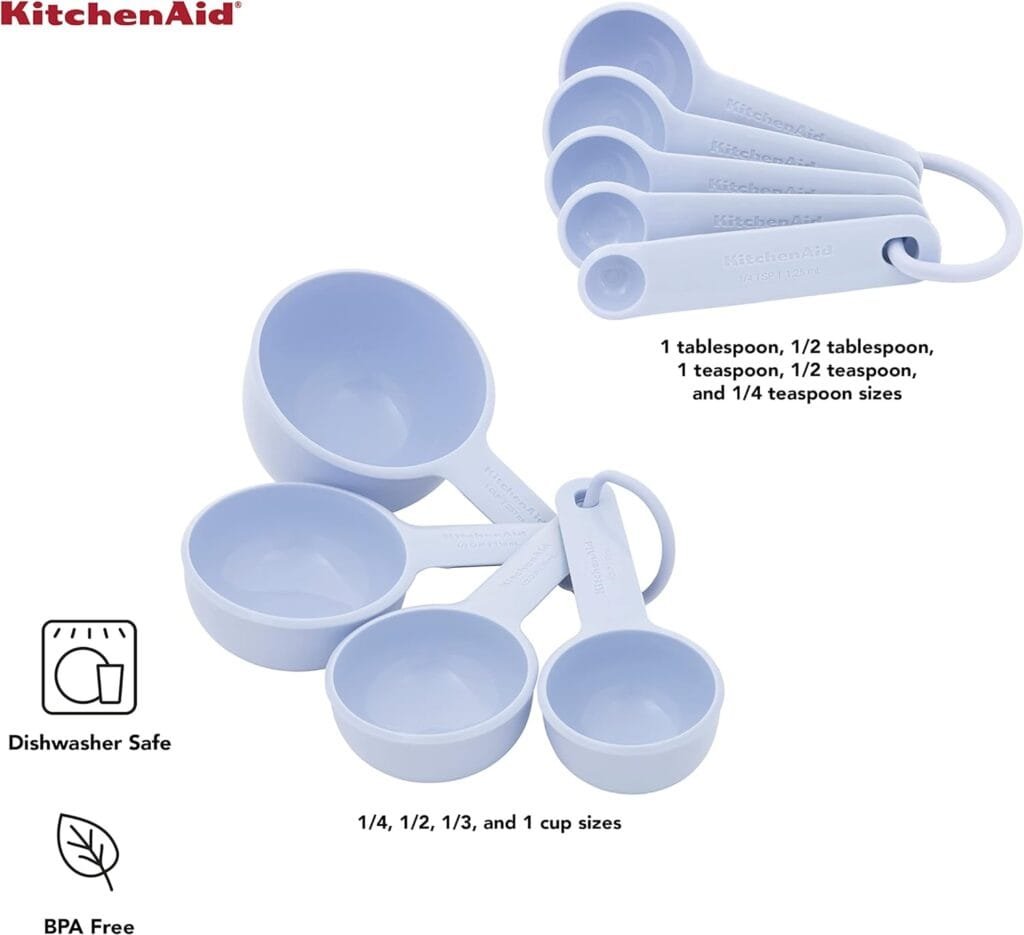 KitchenAid Universal Measuring Cup and Spoon Set, 1/4, 1/2, 1/3, and 1 cup size, and 1 tablespoon, 1/2 tablespoon, 1 teaspoon, 1/2 teaspoon, and 1/4 teaspoon size, 9 Piece, Blue Velvet KitchenAid Universal Measuring Cup and Spoon Set, 1/4, 1/2, 1/3, and 1 cup size, and 1 tablespoon, 1/2 tablespoon, 1 teaspoon, 1/2 teaspoon, and 1/4 teaspoon size, 9 Piece, Blue Velvet