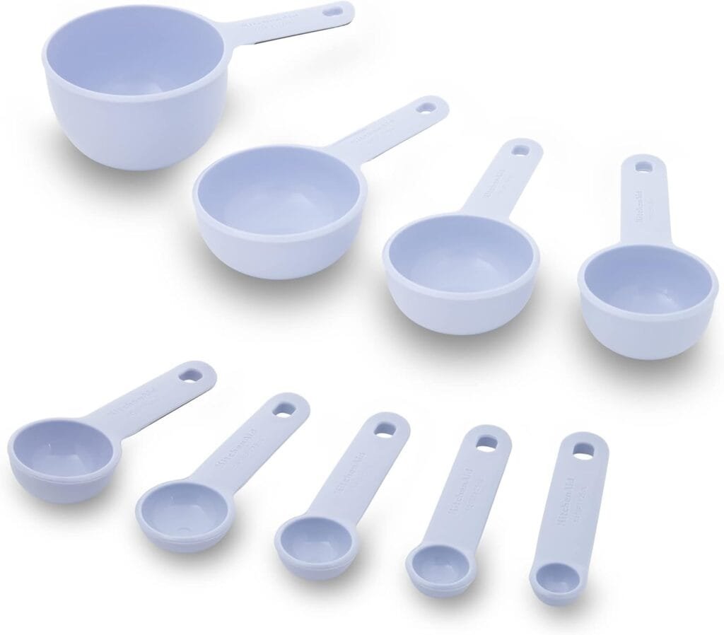 KitchenAid Universal Measuring Cup and Spoon Set, 1/4, 1/2, 1/3, and 1 cup size, and 1 tablespoon, 1/2 tablespoon, 1 teaspoon, 1/2 teaspoon, and 1/4 teaspoon size, 9 Piece, Blue Velvet KitchenAid Universal Measuring Cup and Spoon Set, 1/4, 1/2, 1/3, and 1 cup size, and 1 tablespoon, 1/2 tablespoon, 1 teaspoon, 1/2 teaspoon, and 1/4 teaspoon size, 9 Piece, Blue Velvet
