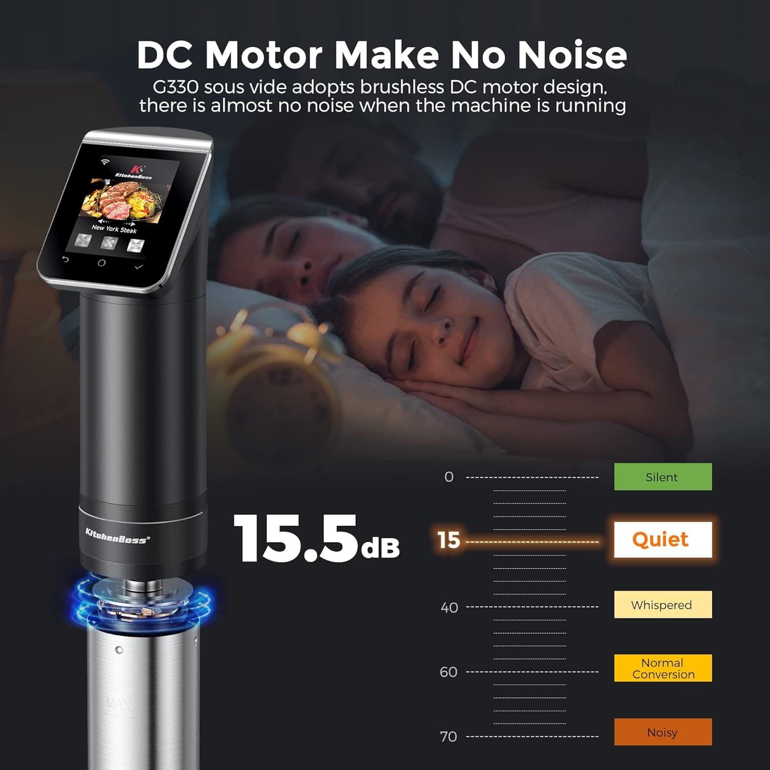 KitchenBoss WIFI Sous Vide Cooker: Ultra-Quiet Sous-vide Cooking Machine 1100 Watts Stainless Steel Immersion Circulator for Kitchen with TFT Preset Recipes, Black