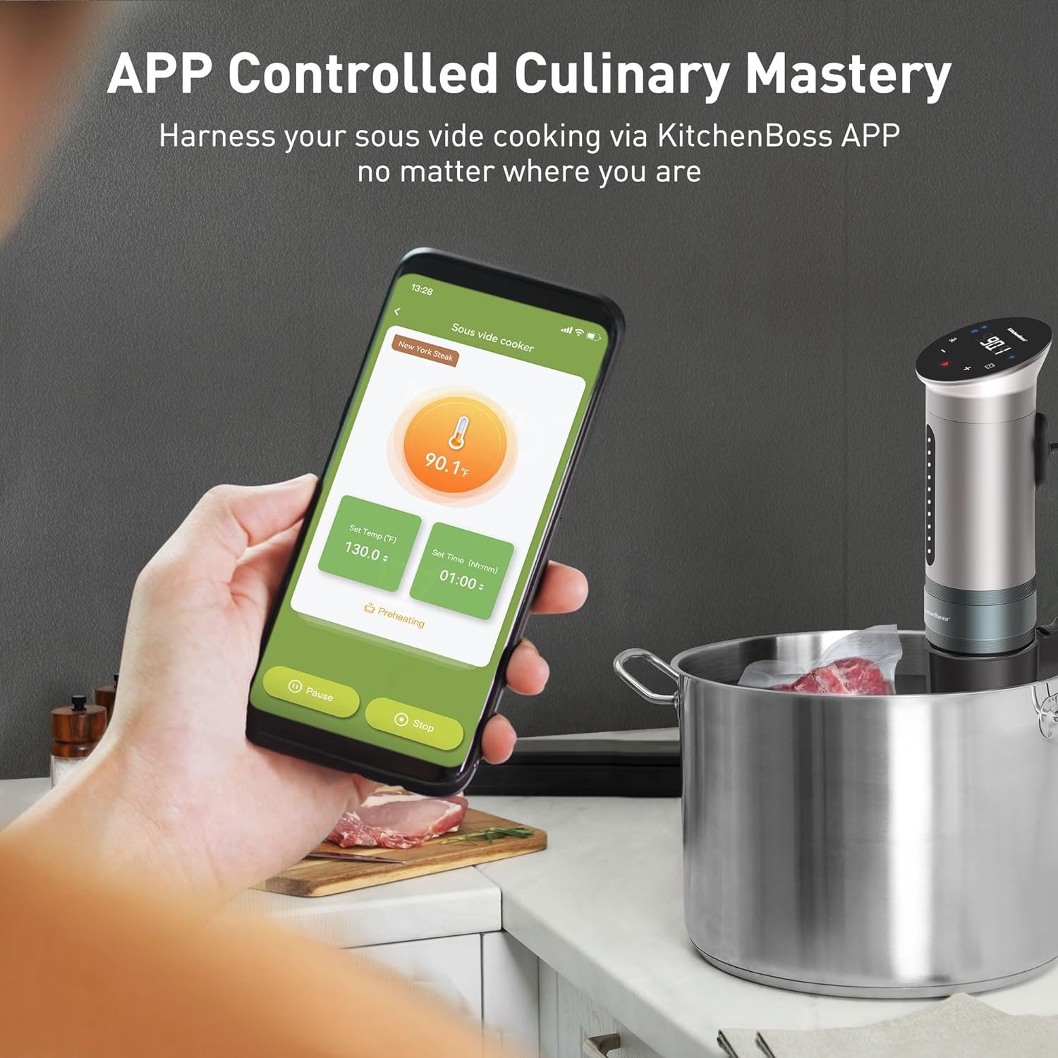 KitchenBoss Wifi Sous Vide Machine: Ultra-quiet Sous-vide Immersion Circulator Cooking Machine APP Control 1100W, IPX7 Waterproof Precision Cooker Accurate Temperature Digital Display, Silver