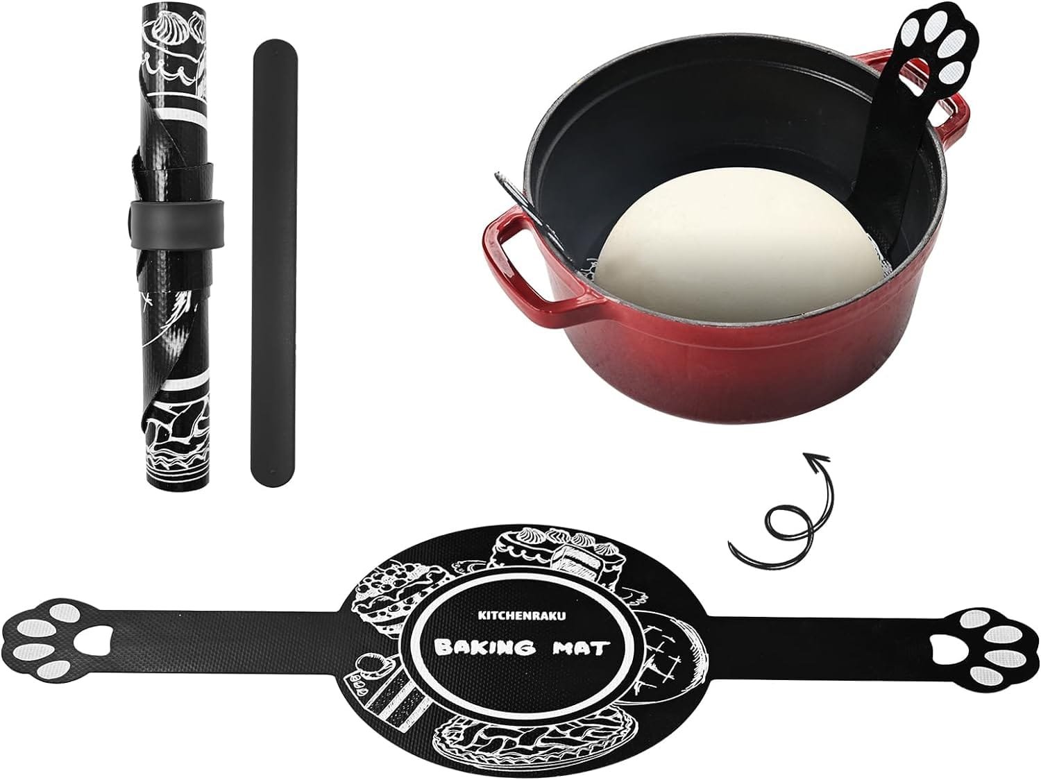 KitchenRaku 1PCS Silicone Baking Mat for Dutch Oven Bread Baking-Non-Stick Silicone Mat for Baking Sheet- Long Handles for Easier Transfer for Dough -Silicone Slap Wristband - 8.1 (Black)