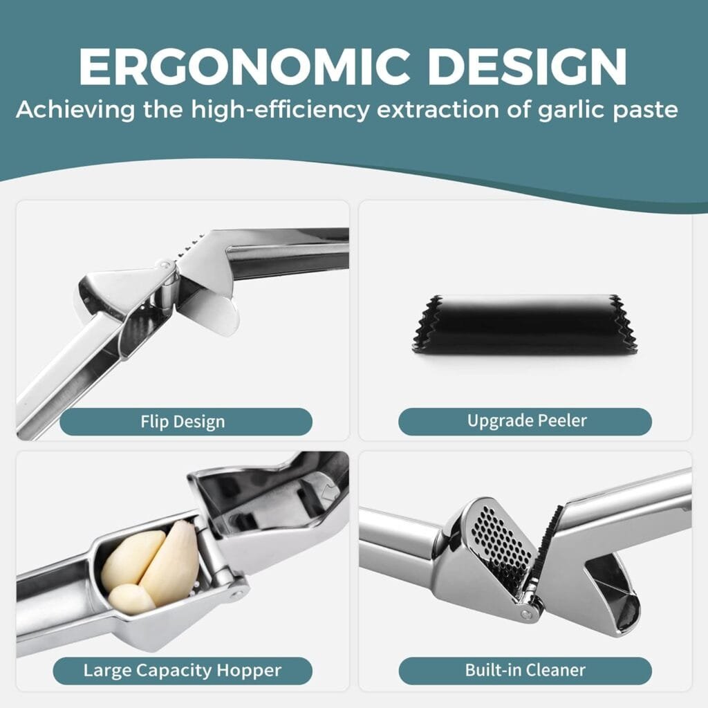 KITEXPERT Garlic Press, Premium Garlic Mincer with Ergonomic Grip Handle, Professional Garlic Presser Crusher and Peeler Set, Sturdy Ginger Press for Nuts Seeds, Easy to Clean and Dishwasher Safe KITEXPERT Garlic Press, Premium Garlic Mincer with Ergonomic Grip Handle, Professional Garlic Presser Crusher and Peeler Set, Sturdy Ginger Press for Nuts Seeds, Easy to Clean and Dishwasher Safe