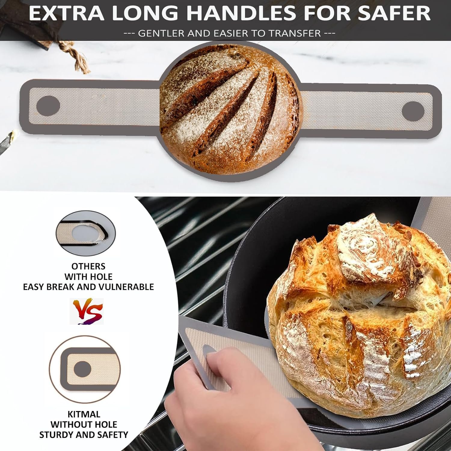 KITMAL Silicone Bread Sling Oval and Round for Dutch Oven, Non Stick Reusable Silicone Baking Mat with Long Handles Sourdough Bread Baking Supplies and Making Tools, Gray
